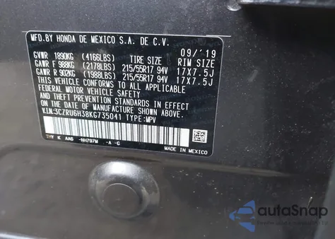 2019 Honda Hr-V Lx из США, поврежденный, VIN 3CZRU6H38KG735041